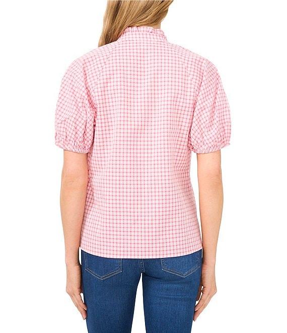CeCe Gingham Split Round Neckline Short Puff Sleeve Blouse Product Image
