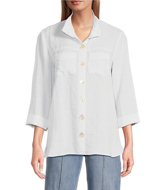 John Mark Solid Woven 3/4 Sleeve Wire Collared Button Front Patch Pocket Camp Shirt Product Image