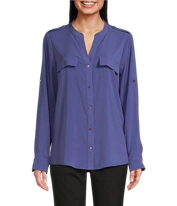 Calvin Klein Crepe De Chine Crew Neck Roll-Up Sleeve Button Front Blouse Product Image