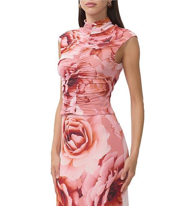 AFRM Jolie Coordinating Floral Print Mock Neck Mesh Cap Sleeve Ruched Top Product Image