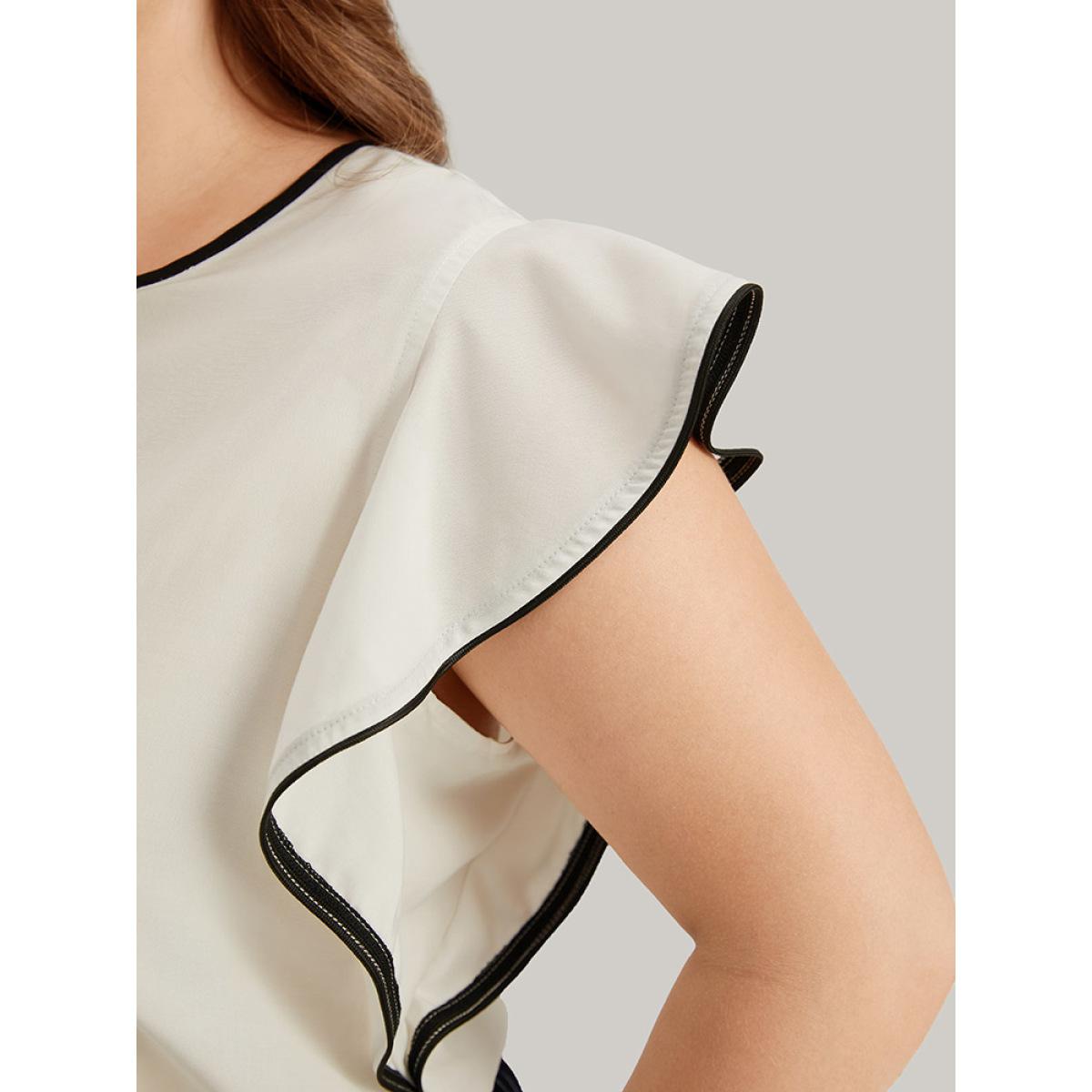 Plus Size Ivory Contrast Keyhole Ruffle Trim Cap Sleeve Blouse Women Office Cap Sleeve Keyhole Cut-Out Office Blouses BloomChic 12/L Product Image