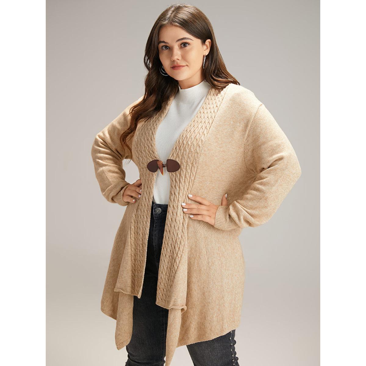 Plus Size Supersoft Essentials Textured Asymmetrical Duffle Button Cardigan Tan Women Casual Loose Long Sleeve Dailywear Cardigans BloomChic 14-16/1X Product Image