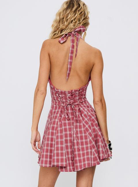 Out Of Nowhere Halter Mini Dress Red Check Product Image