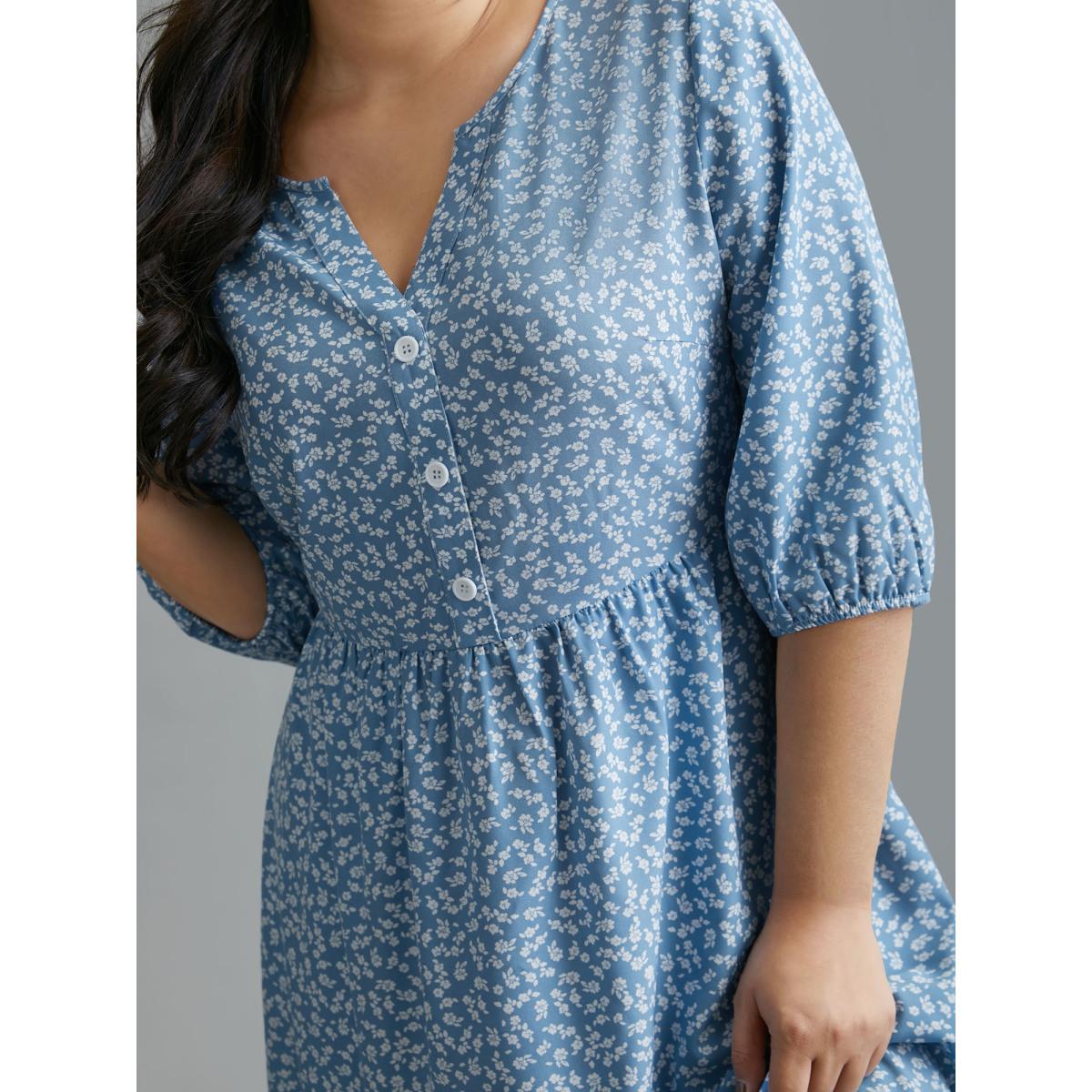 Plus Size Notched Ditsy Floral Button Midi Dress Mediumblue Women Casual Button Notched collar Elbow-length sleeve Curvy BloomChic 28/5X Product Image