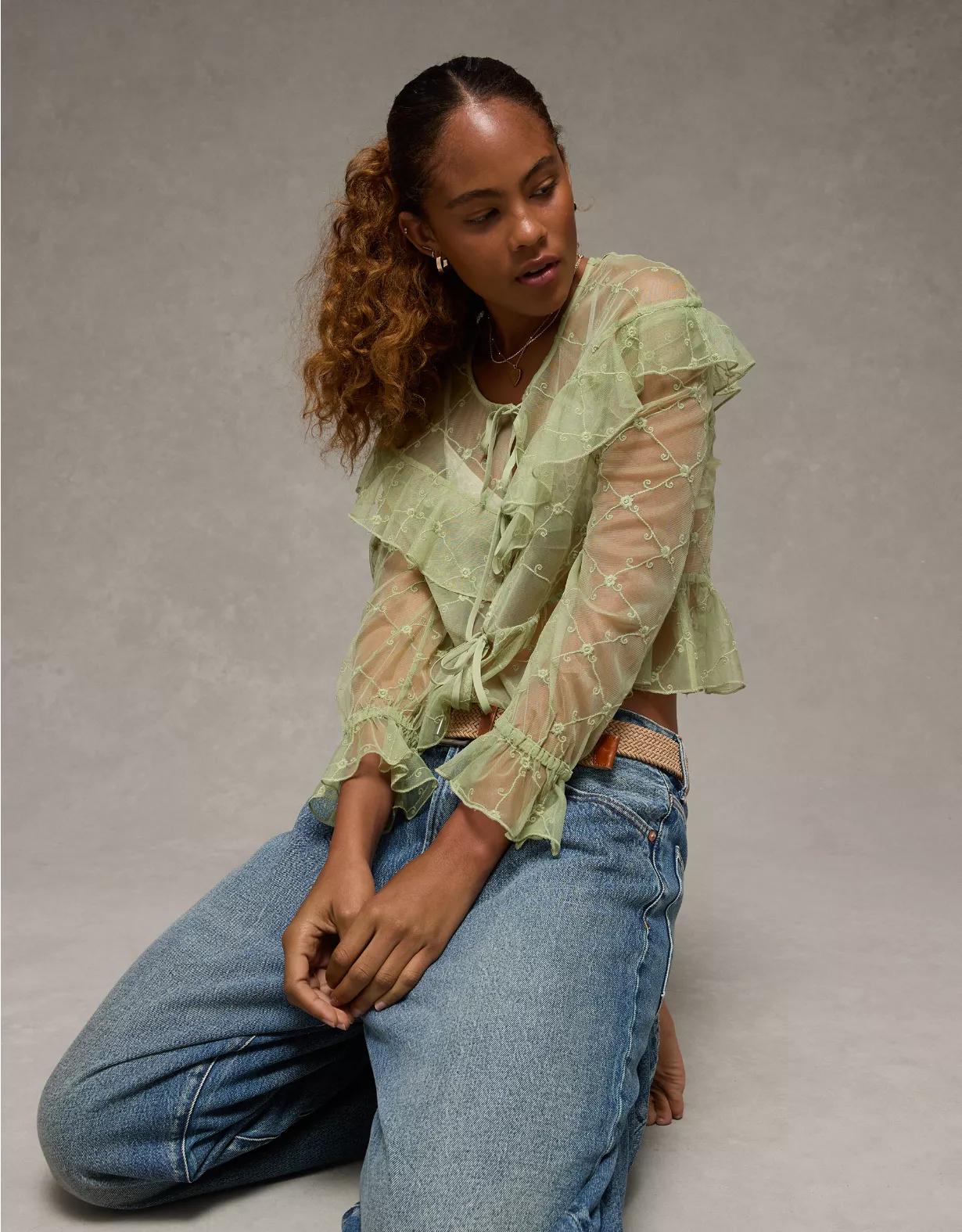 AE Embroidered Tie-Front Mesh Blouse Product Image