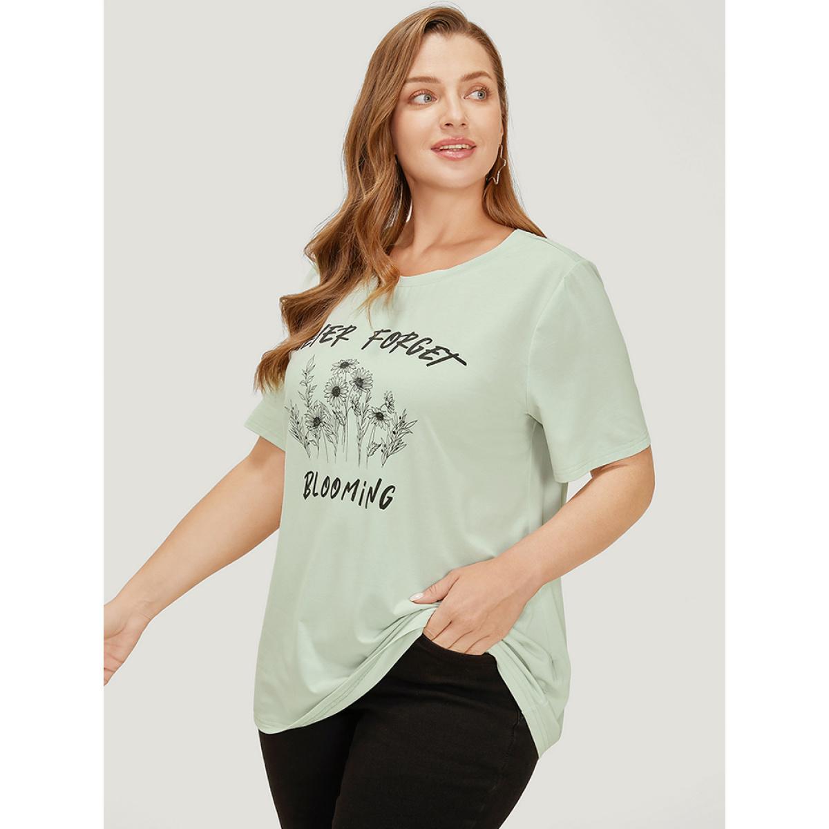 Plus Size Sunflower & Letter Print Slightly Stretchy Short Sleeve T-shirt LightGreen Women Casual Natural Flowers Dailywear T-shirts BloomChic 14-16/1X Product Image