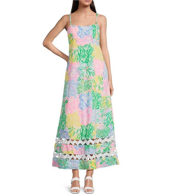 Lilly Pulitzer Poplin Bright Delight Patch Print Square Neck Sleeveless Ric Rac Maxi Dress Product Image