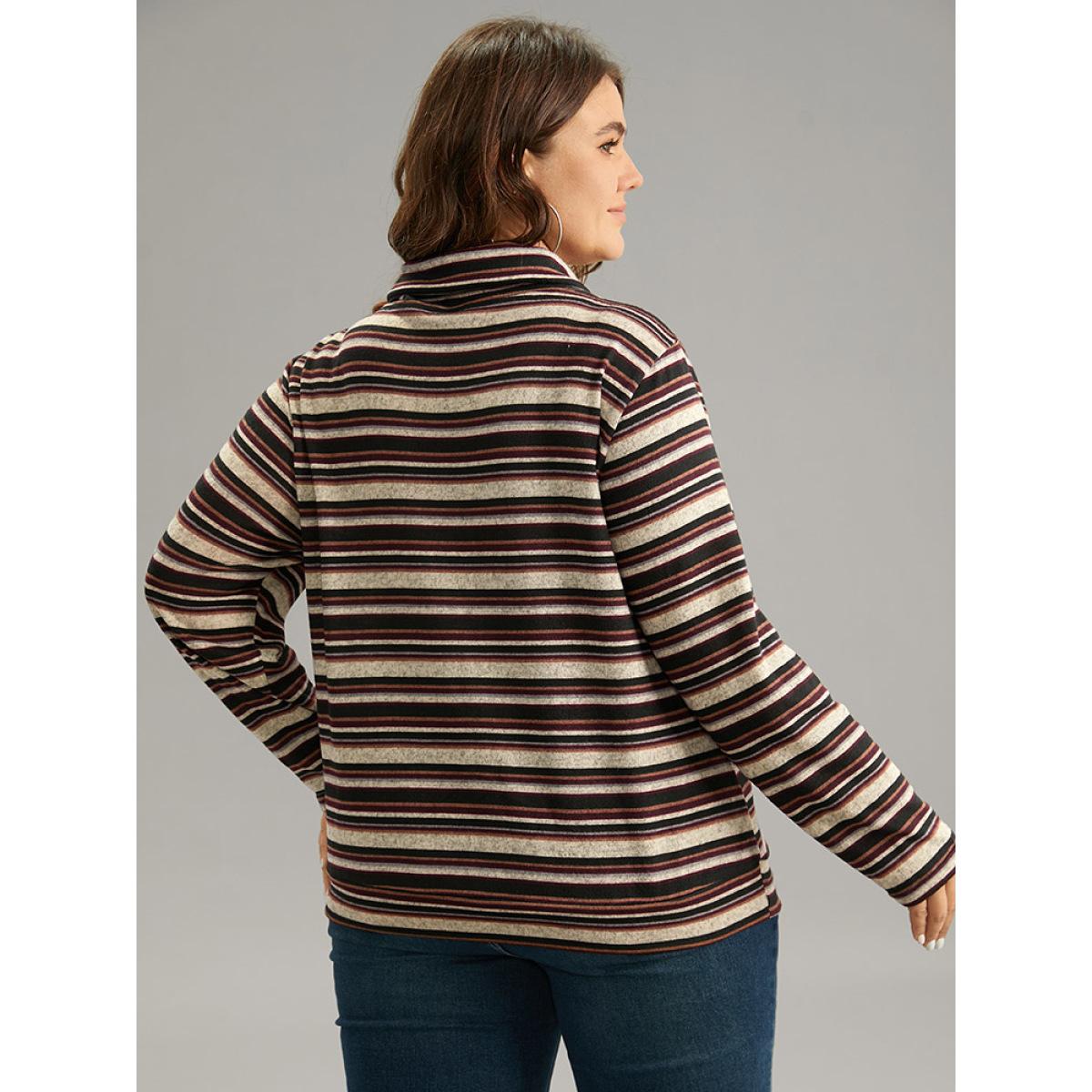 Plus Size Striped Mock Neck Drawstring Pocket T-shirt Burgundy Women Casual Contrast Striped Mock Neck Dailywear T-shirts BloomChic 22-24/3X Product Image