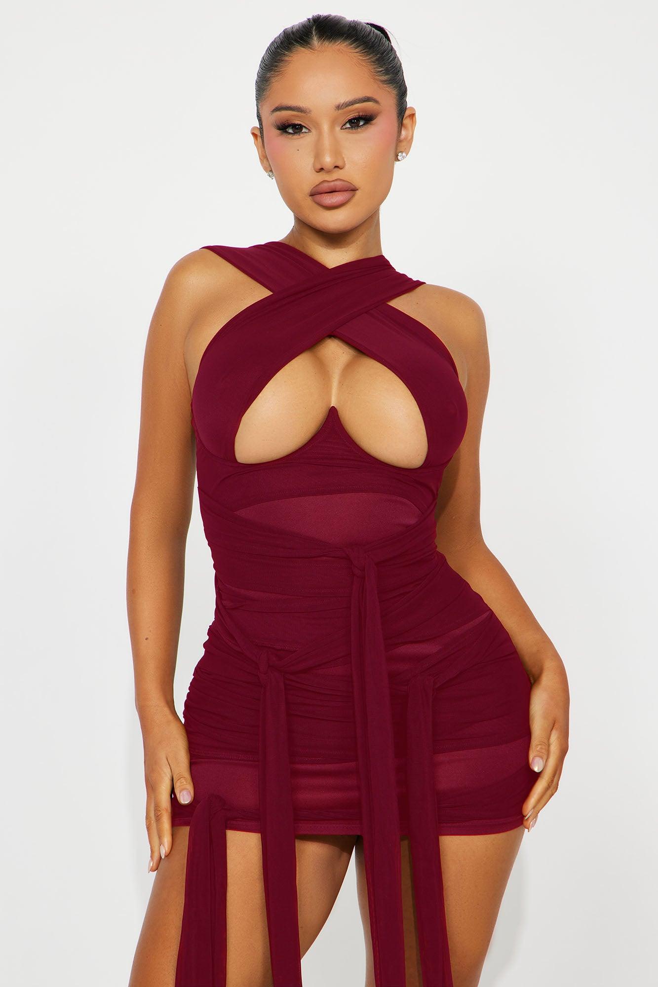 Tied To You Mesh Micro Mini Dress - DarkRed Female Product Image