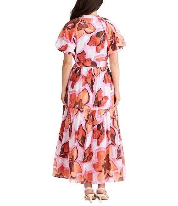 Brave + True Amour Floral Print Mandarin Collar Button Front Belted Short Puff Sleeve Maxi Dress Product Image
