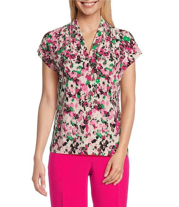 Kasper Printed Extended Cap Sleeve Funnel Neck Stretch Blouse Product Image