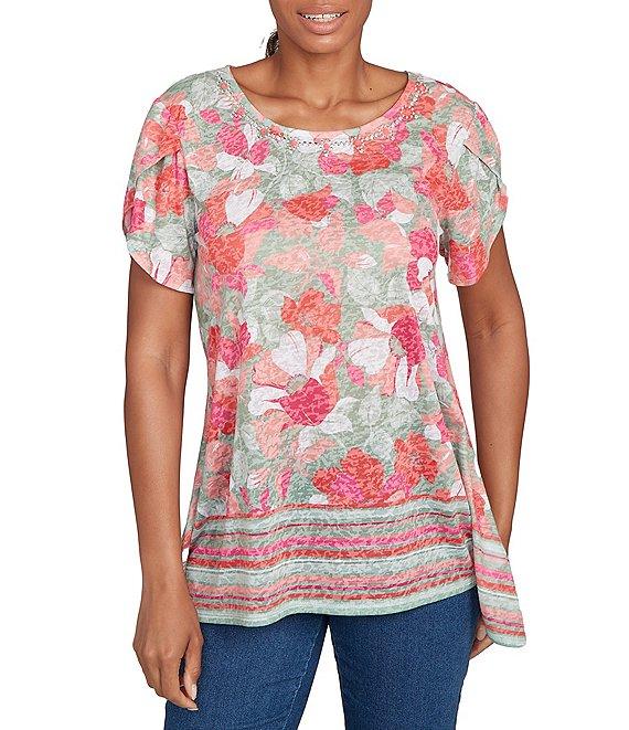 Ruby Rd. Petite Size Jersey Knit Floral Stripe Border Print Round Neck Short Sleeve Sharkbite Hem Top Product Image
