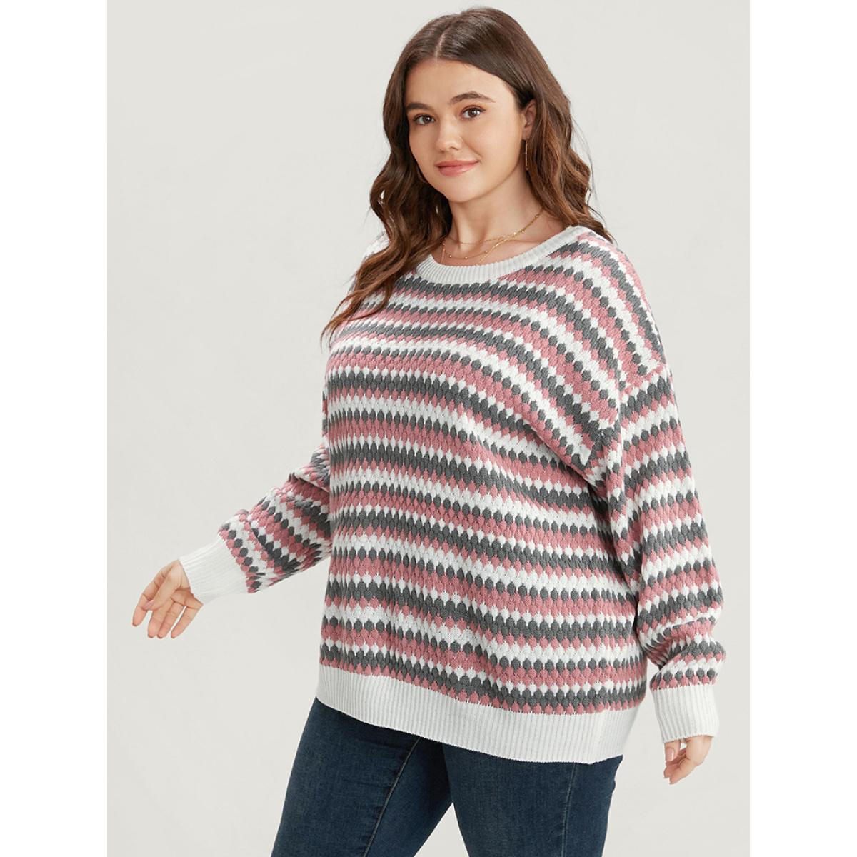 Plus Size Striped Contrast Pointelle Knit Round Neck Loose Knit Top Multicolor Women Casual Loose Long Sleeve Round Neck Dailywear Pullovers BloomChic 14-16/1X Product Image