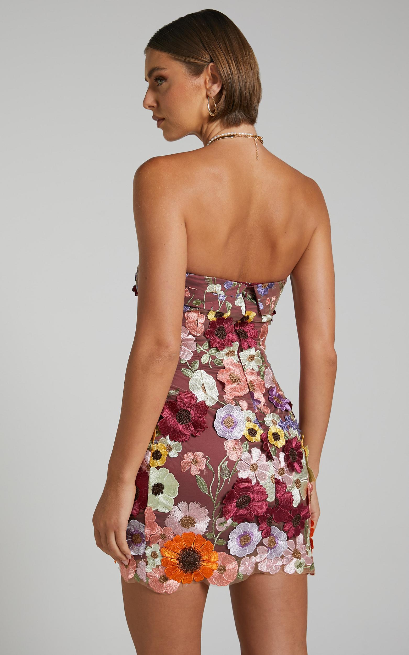 Wren Mini Dress - Strapless Bodycon Garden Flowers Dress in Burgundy Product Image