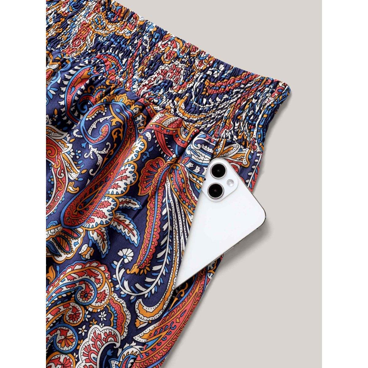 Plus Size Paisley Print Shirred Waist Jogger Pants Women Indigo Boho Bodycon Mid Rise Vacation Pants BloomChic 14-16/1X Product Image