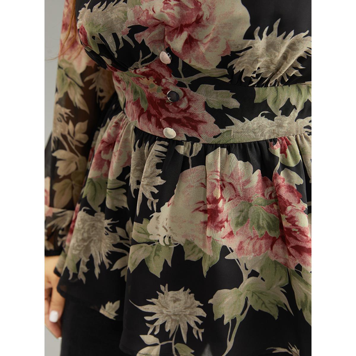 Plus Size Black Floral Flutter Hem Elastic Waist Blouse Women Elegant Long Sleeve V-neck Everyday Blouses BloomChic 28/5X Product Image