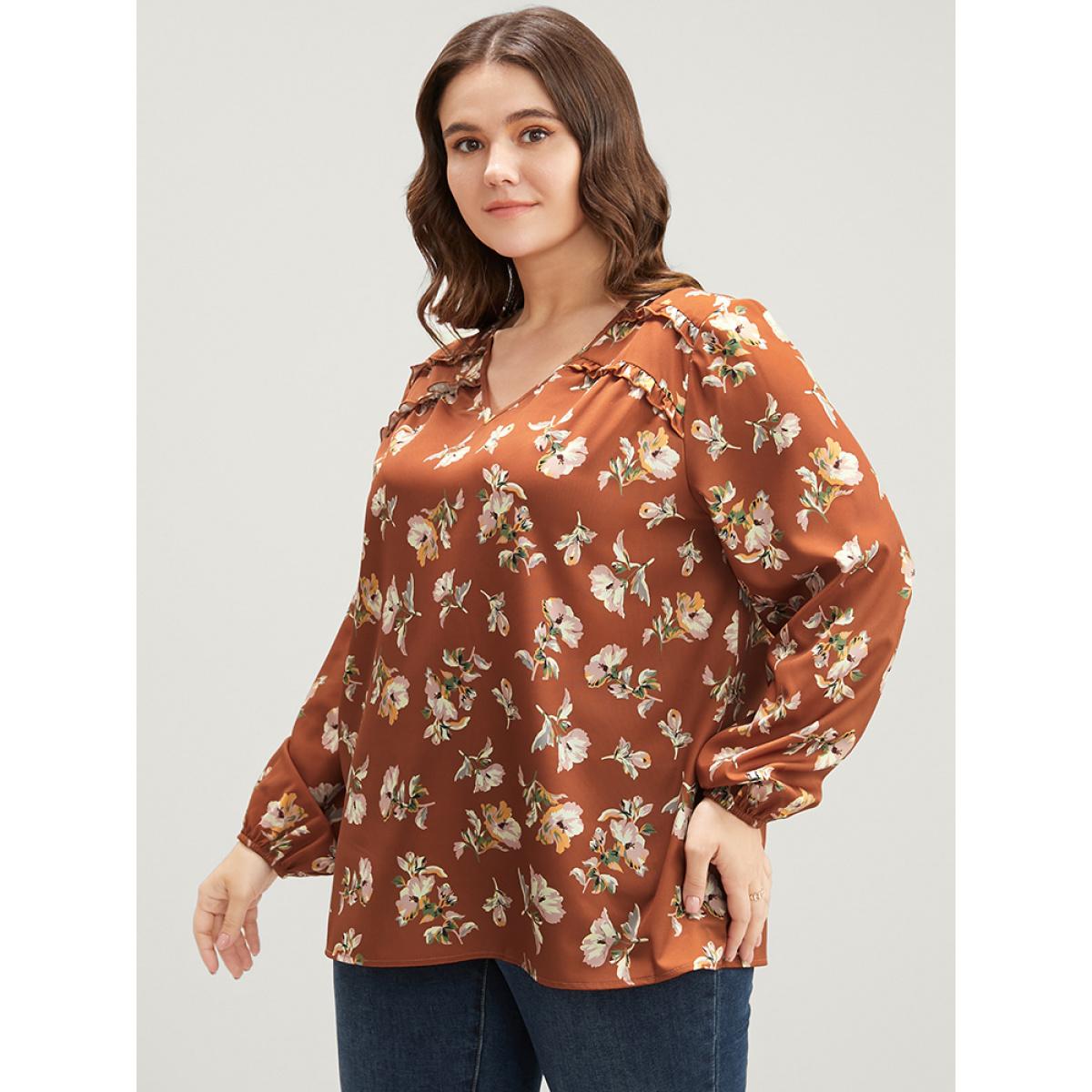 Plus Size Bronze Floral V Neck Ruffles Trim Lantern Sleeve Blouse Women Elegant Long Sleeve V-neck Dailywear Blouses BloomChic 30/6X Product Image