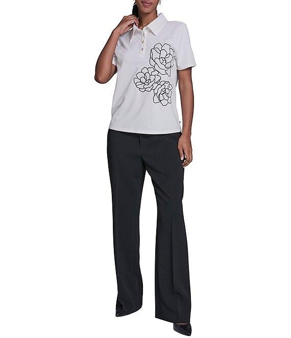 KARL LAGERFELD PARIS Jersey Knit Floral Print Point Collar Short Sleeve Top Product Image