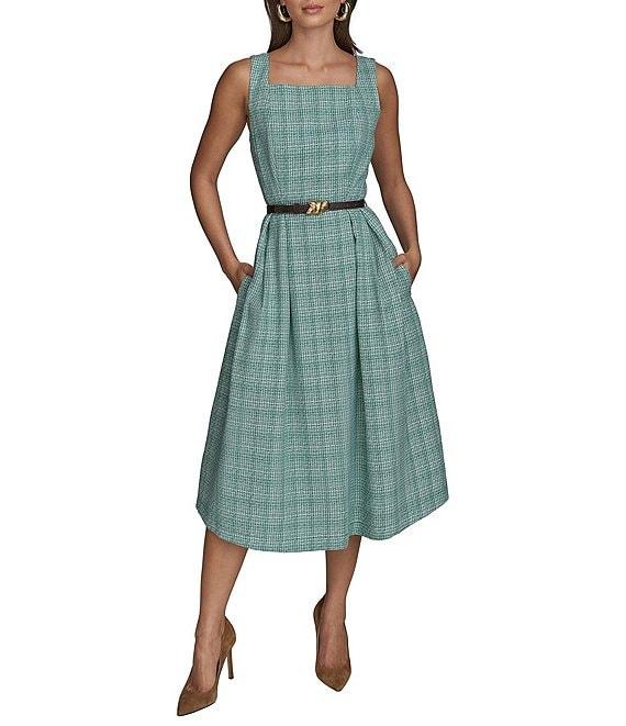 Donna Karan Tweed Square Neck Sleeveless Belted Fit and Flare Midi Dress Product Image