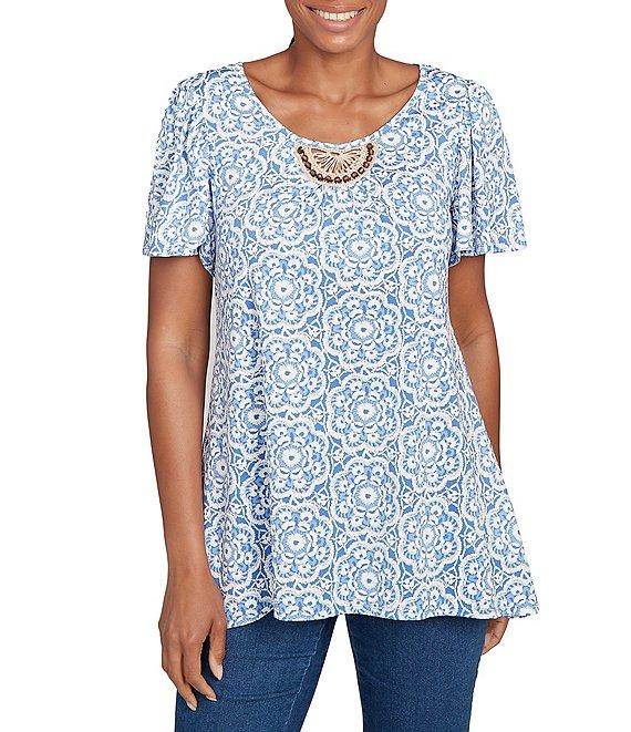 Ruby Rd. Embellished Beaded Macrame Scoop Neck Short Sleeve Top Product Image
