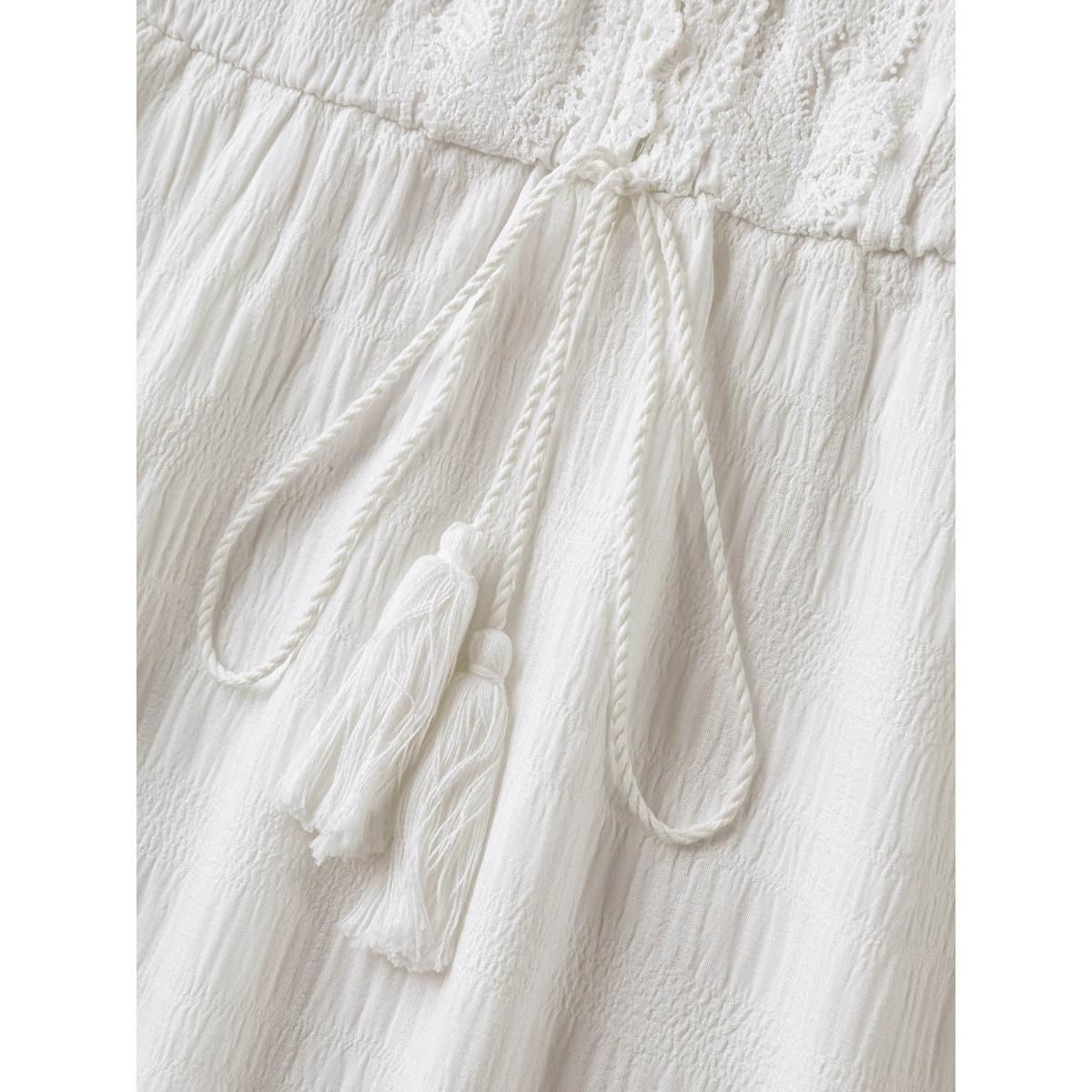 Plus Size Textured Lace Waist-Tie Midi Dress WhiteSmoke Women Tie knot Overlap Collar Elbow-length sleeve Curvy BloomChic 12/L Product Image