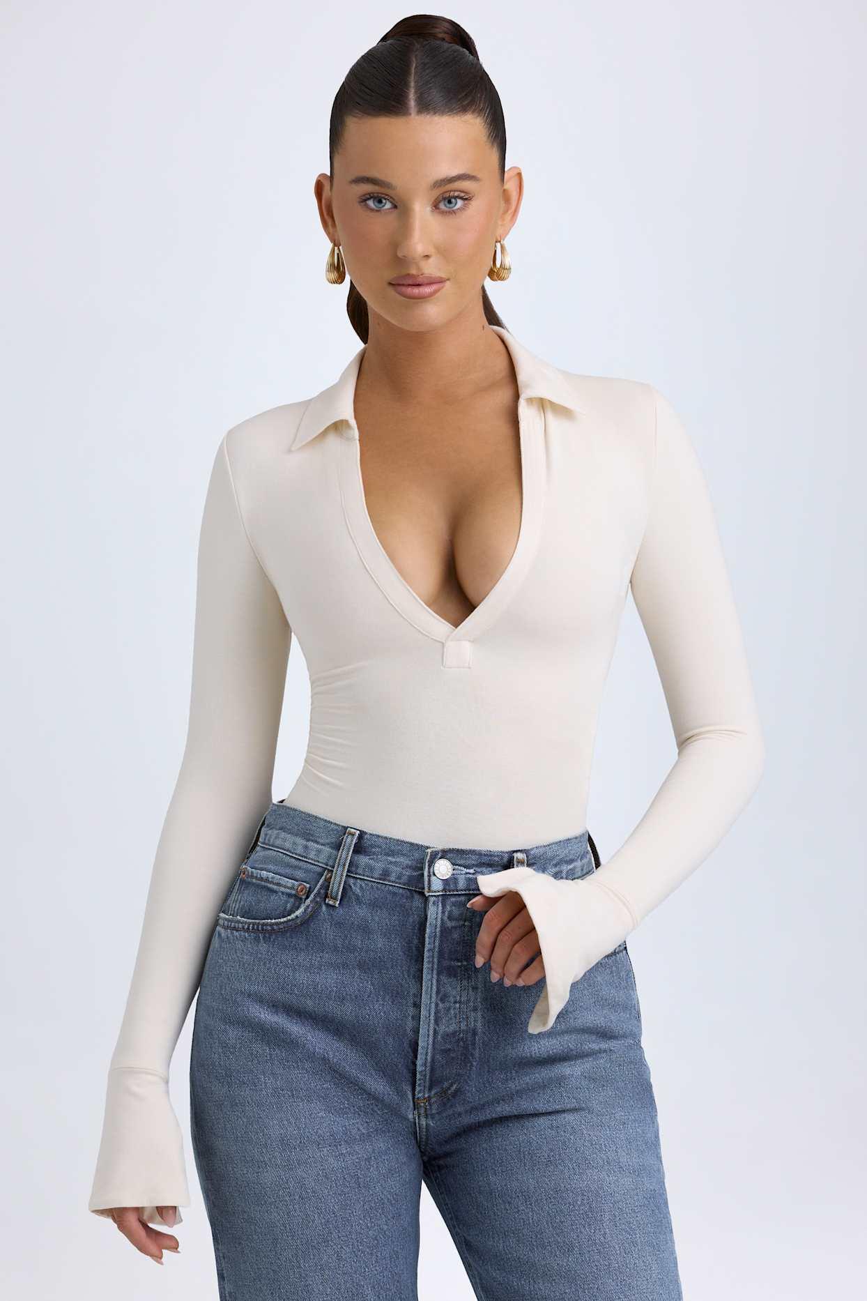 Modal Plunge V-Neck Bodysuit in Ivory Product Image