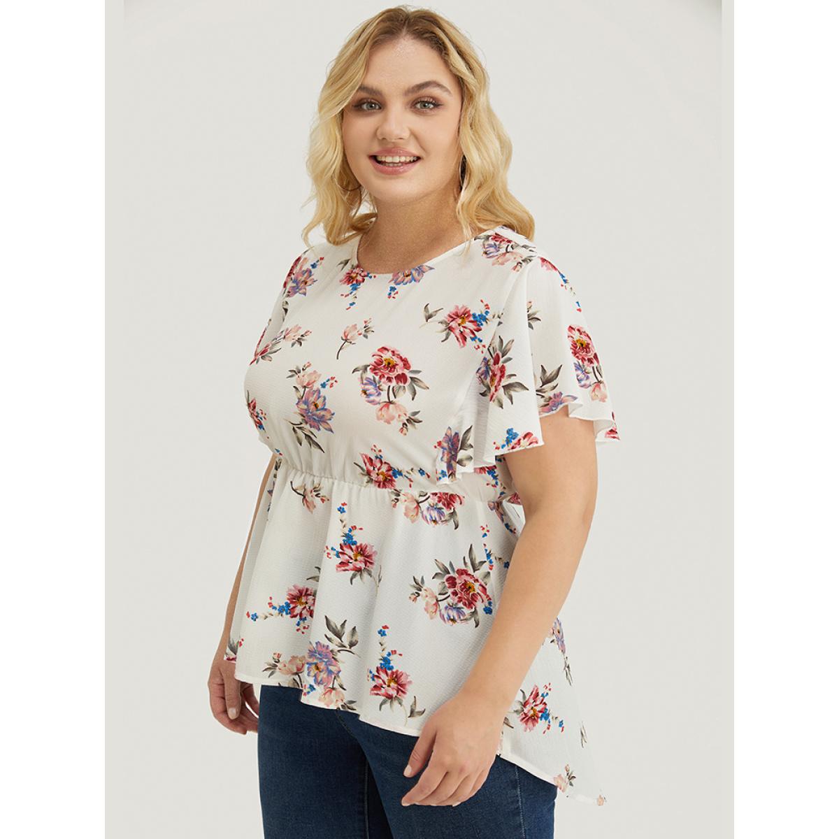 Plus Size White Floral Print Round Neck Ruffles High Low Hem Blouse Women Elegant Short sleeve Round Neck Dailywear Blouses BloomChic 10/M Product Image