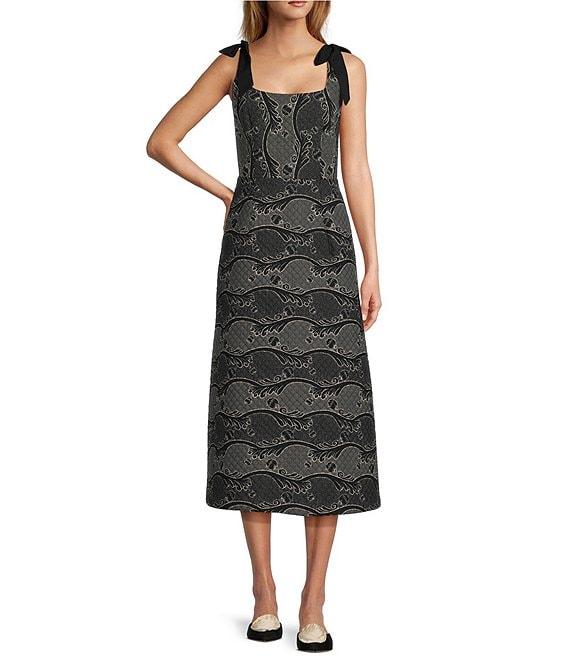 Antonio Melani x Jennifer Sumko Schwan Scroll Print Quilting Sqaure Neck Bow Tie Tank Straps A-Line Midi Dress Product Image