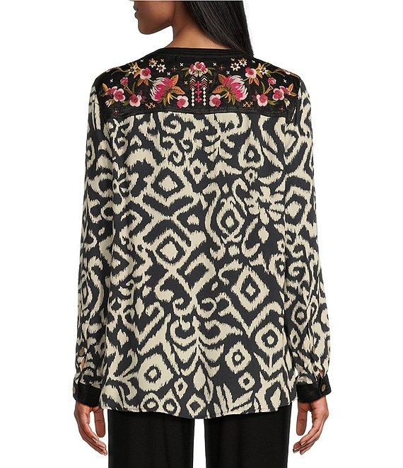 John Mark Velvet-Detailed Floral-Embroidered Y-Neck Long Sleeve Top Product Image