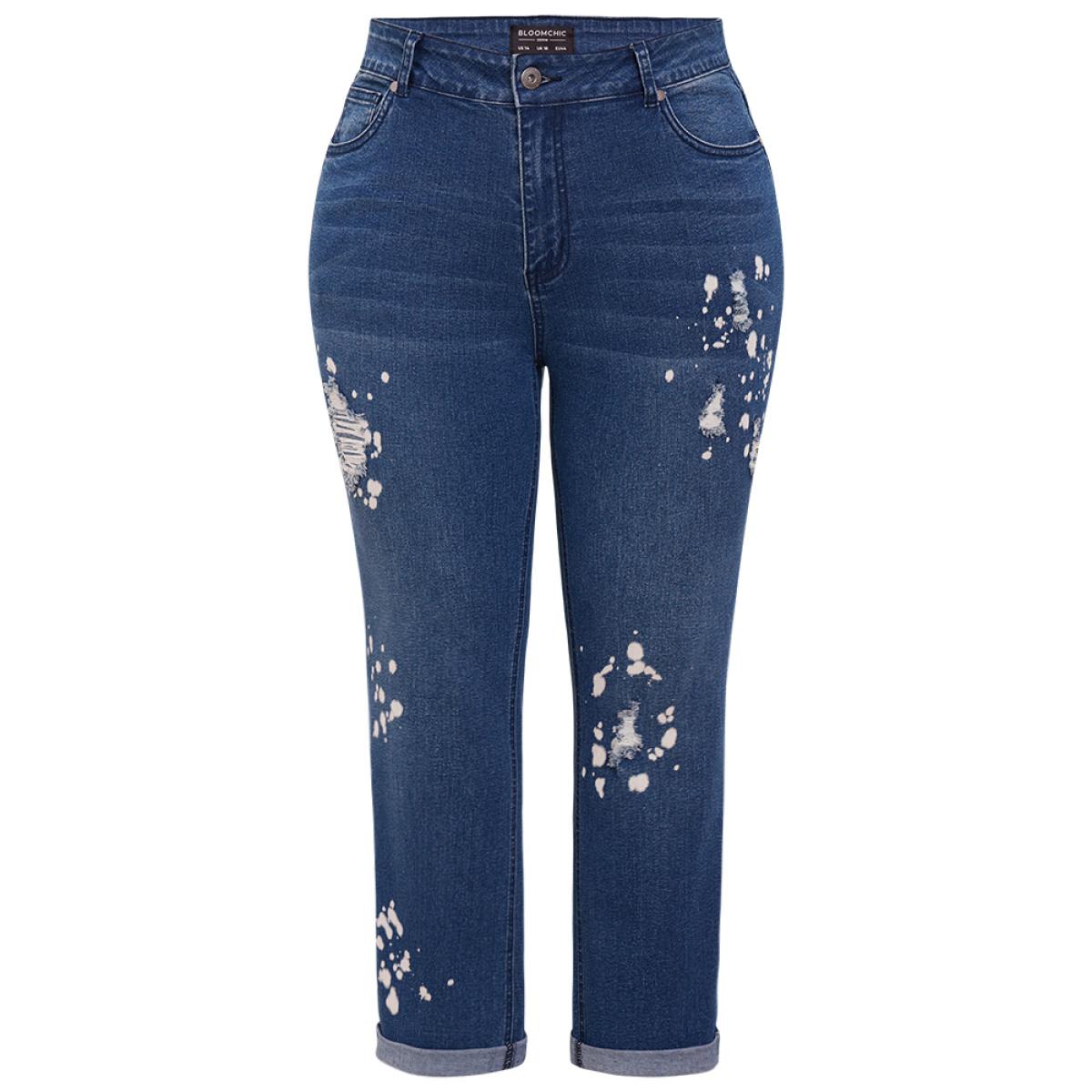 Plus Size Paint Splatter Roll Distressed Medium Wash Jeans Women Blue Casual Plain Printed High stretch Pocket Jeans BloomChic 10/M Product Image