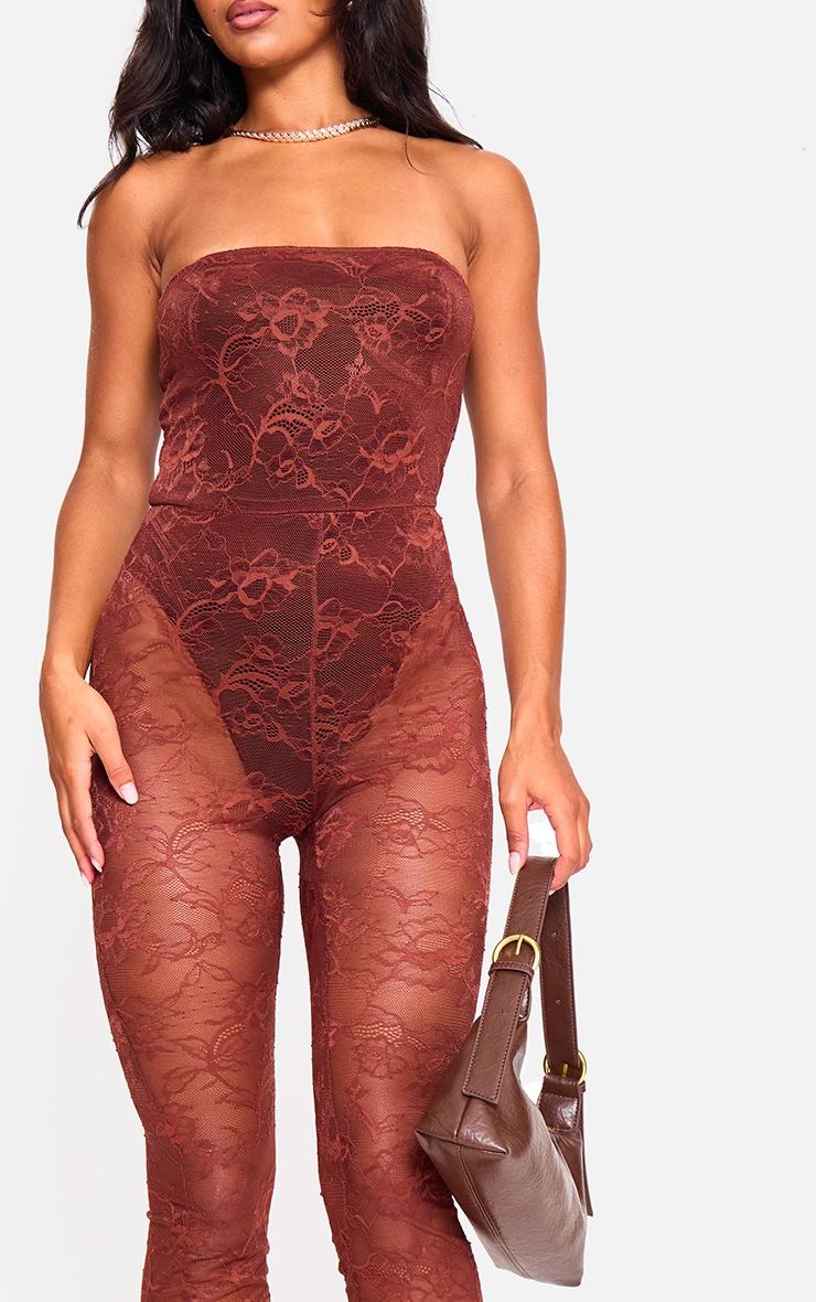 Brown Lace Bodysuit Detail Bandeau Jumpsuit Product Image