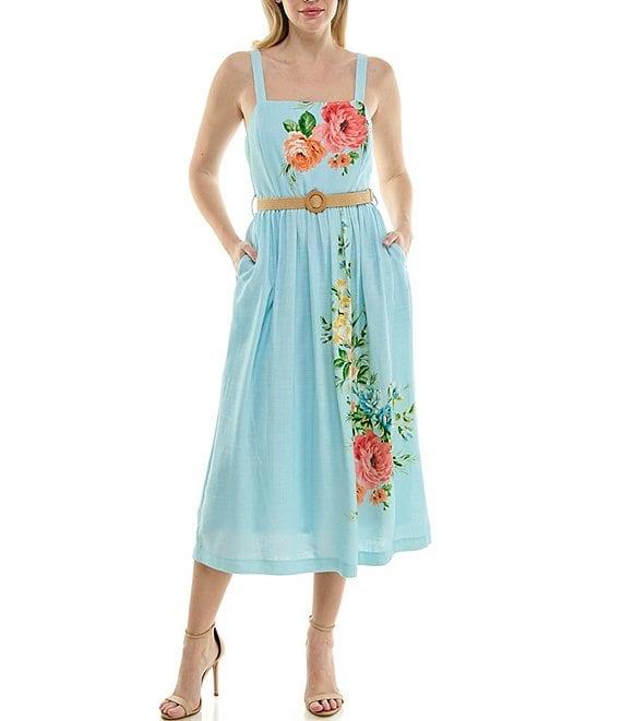 Moda Tara Raffia Belt Floral Square Neckline Midi Sleeveless A-Line Dress Product Image