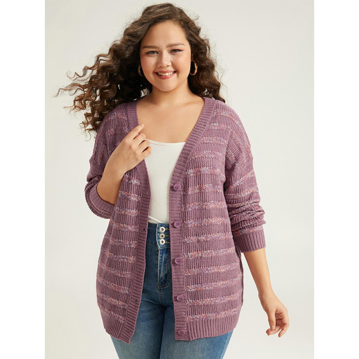 Plus Size Contrast Drop Shoulder Button Through Cardigan Mauve Women Casual Loose Long Sleeve Dailywear Cardigans BloomChic 30/6X Product Image