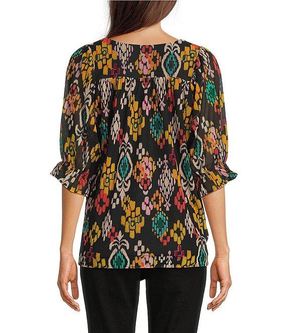 Calessa Mesh Knit Abstract Ikat Print Square Neck Elbow Sleeve Tunic Product Image
