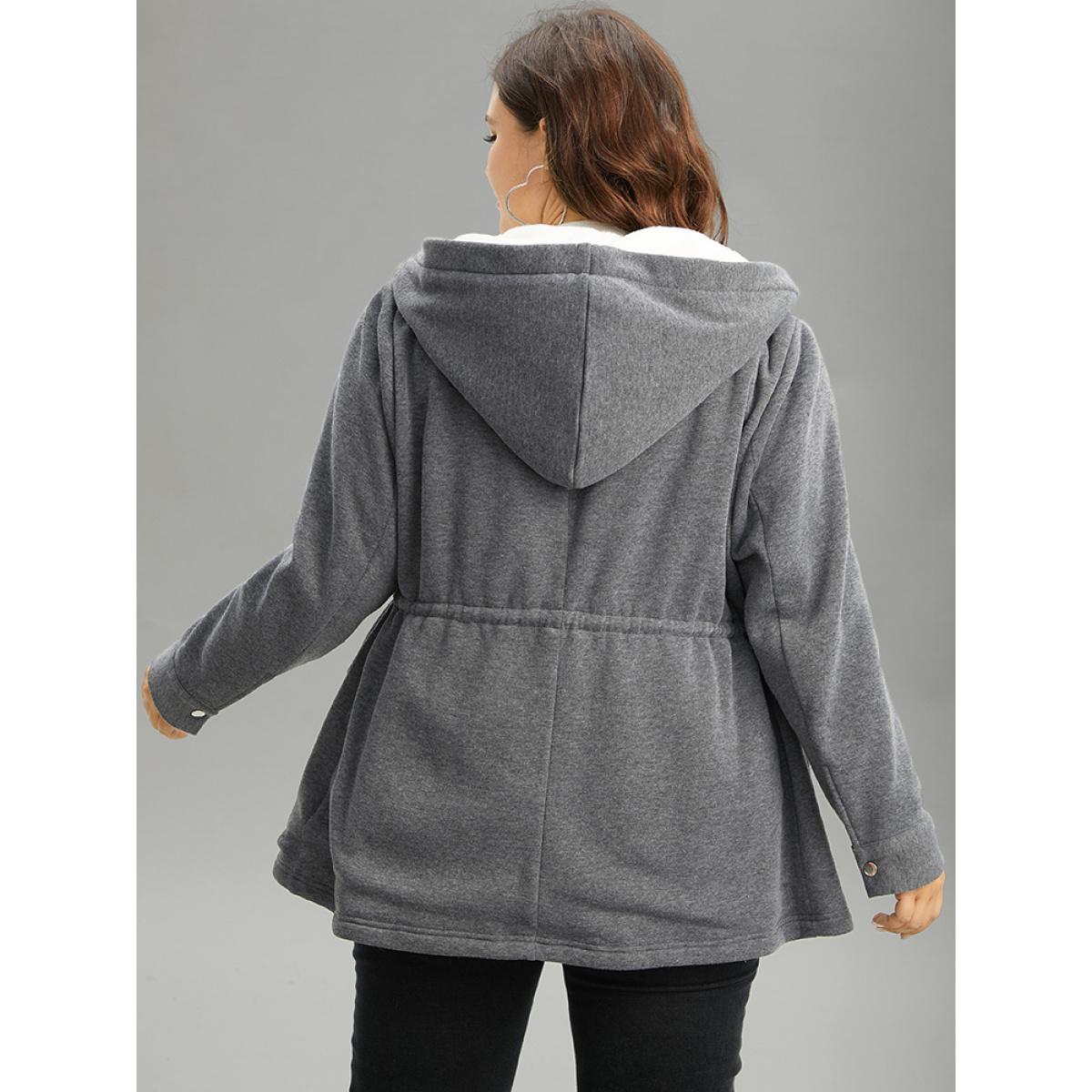 Plus Size Solid Zipper Button Through Hooded Fluffy Coat Women DimGray Casual Lined Ladies Dailywear Winter Coats BloomChic 18-20/2X Product Image