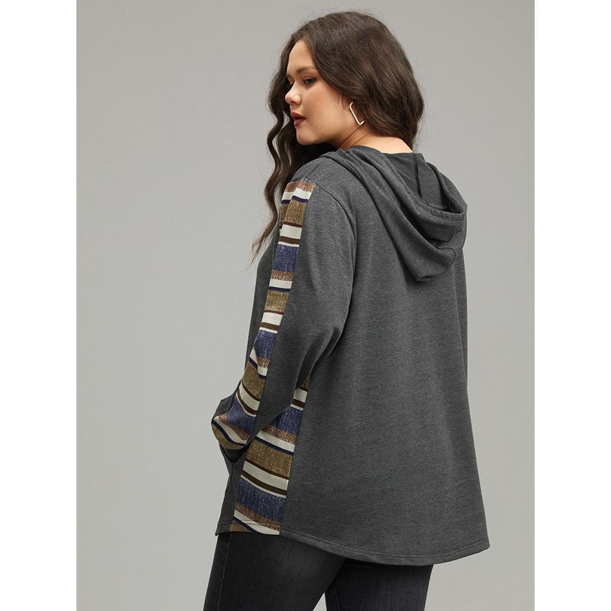 Plus Size Contrast Striped Hooded Ties Pocket Sweatshirt Women DimGray Casual Contrast Hooded Dailywear Sweatshirts BloomChic 12/L Product Image