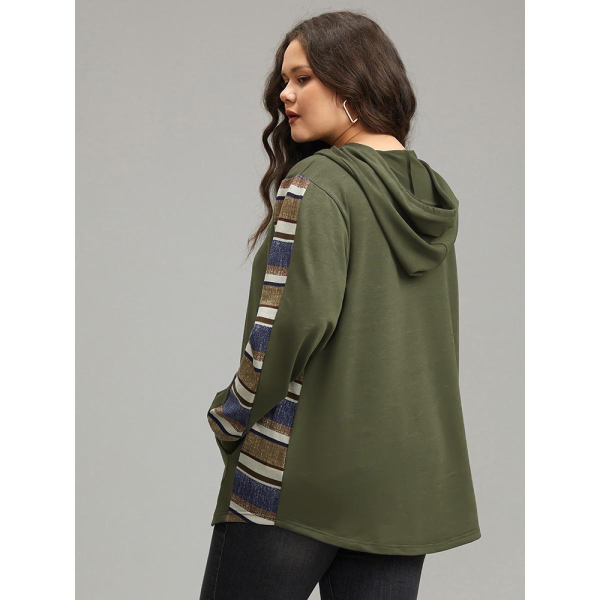 Plus Size Contrast Striped Hooded Ties Pocket Sweatshirt Women DimGray Casual Contrast Hooded Dailywear Sweatshirts BloomChic 12/L Product Image