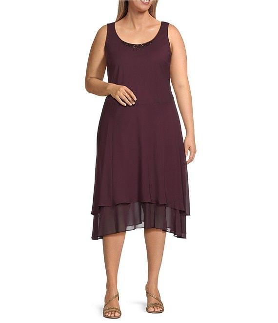 Ignite Evenings Plus Size Scoop Neck Long Sleeve Sequin Shoulder Midi Tiered Hem Jacket Dress Product Image