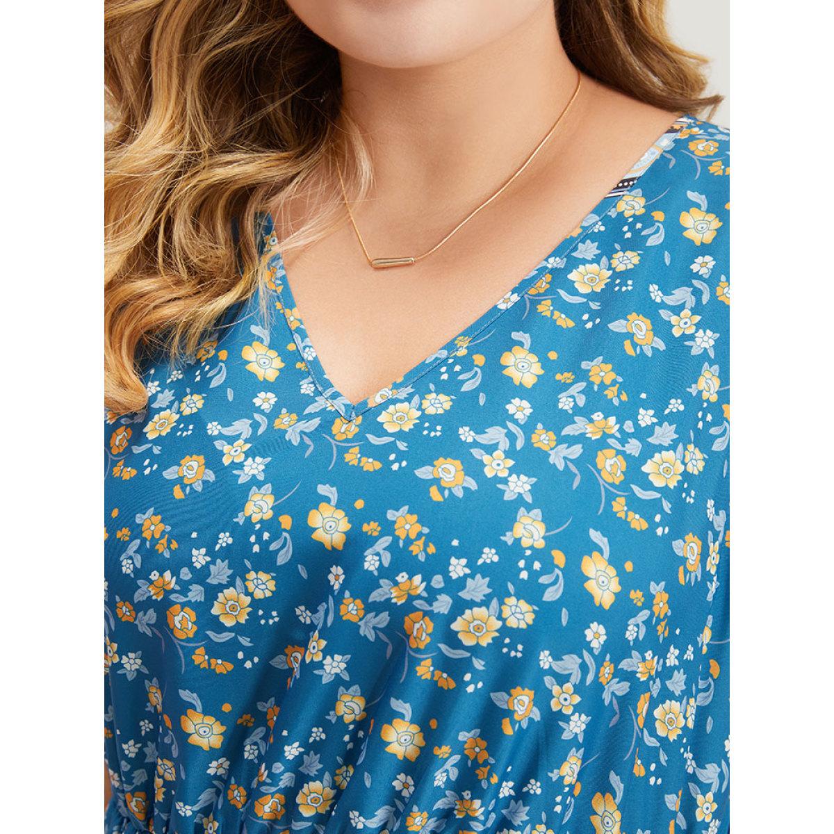 Plus Size Boho Print Ruffles Pocket Sleeveless Dress Blue Women Vacation Printed V-neck Sleeveless Curvy Midi Dress BloomChic 14-16/1X Product Image