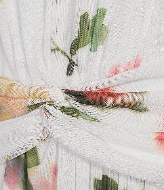 Calvin Klein Crew Neck Sleeveless Ruched Waist A Line Floral Mesh Midi Dress Product Image