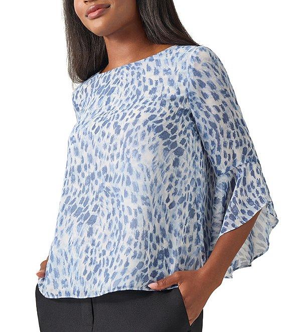 Kasper Printed Boat Neck Ruffle 3/4 Sleeve Blouse Product Image