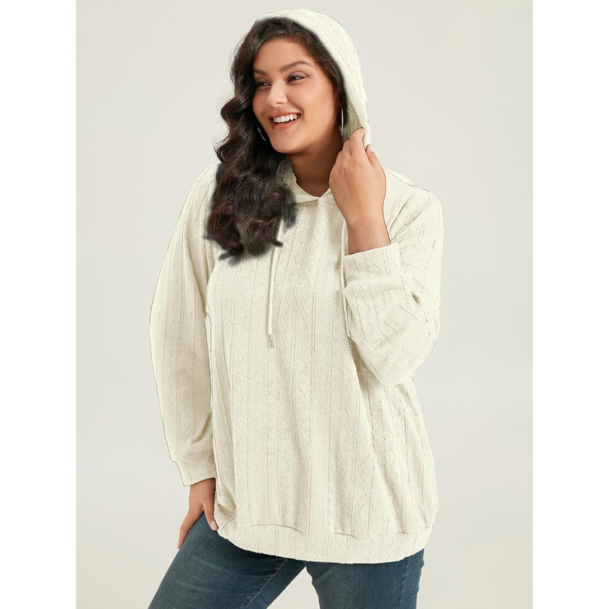 Plus Size Plain Textured Hooded Drawstring Sweatshirt Women White Casual Elastic cuffs Hooded Everyday Sweatshirts BloomChic 22-24/3X Product Image