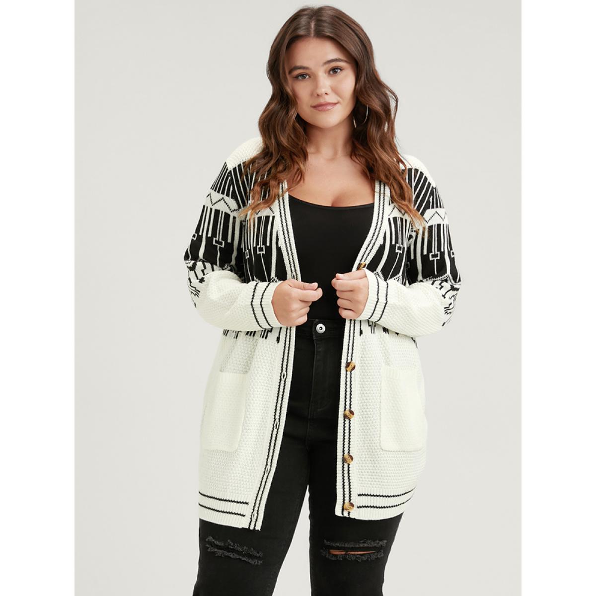 Plus Size Geometric Knitted Jacquard Contrast Pocket Button Front Cardigan White Women Elegant Loose Long Sleeve Dailywear Cardigans BloomChic 14-16/1X Product Image