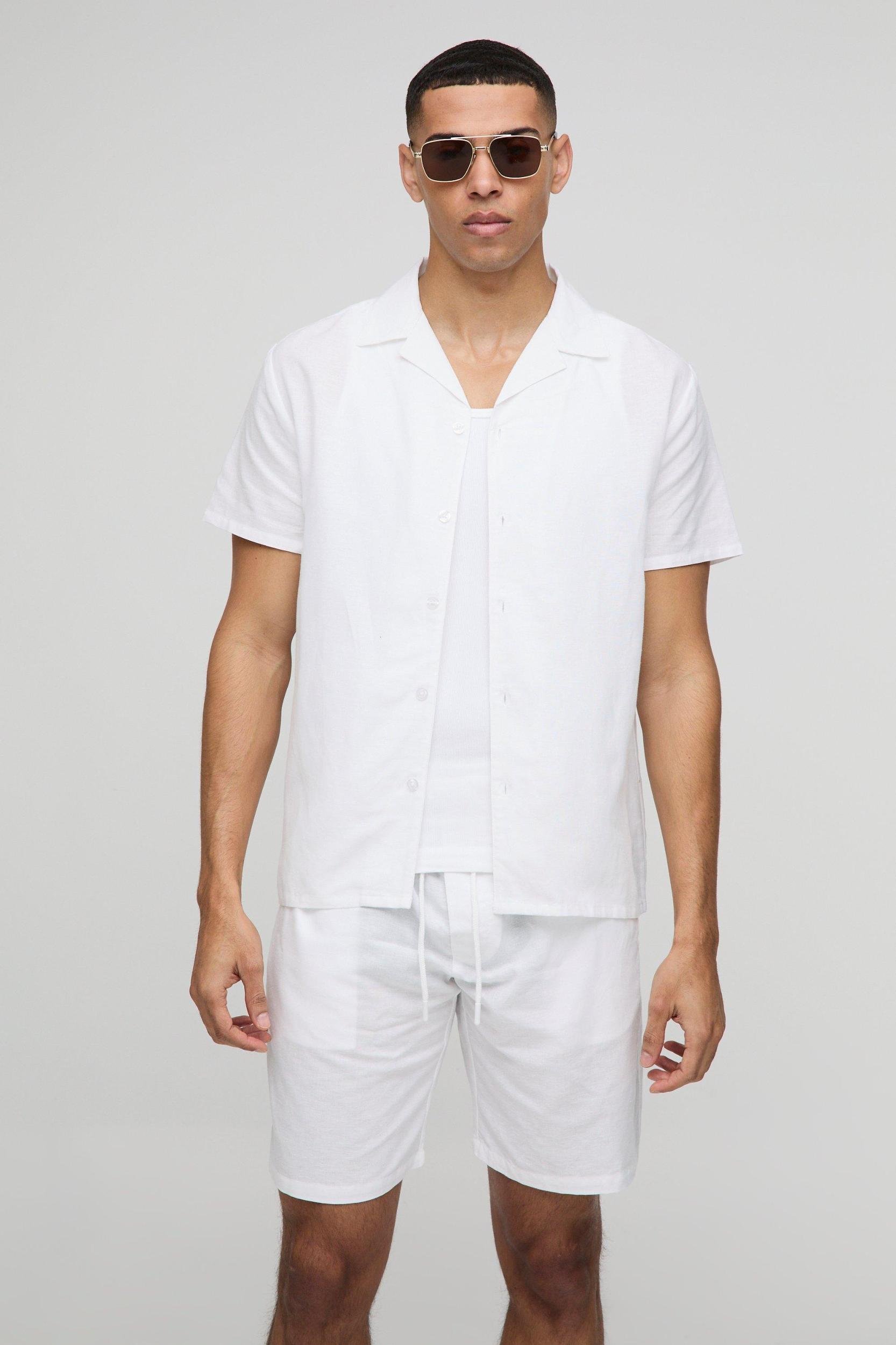 Regular Revere Linen Blend Shirt & Short Set | boohooMAN USA Product Image