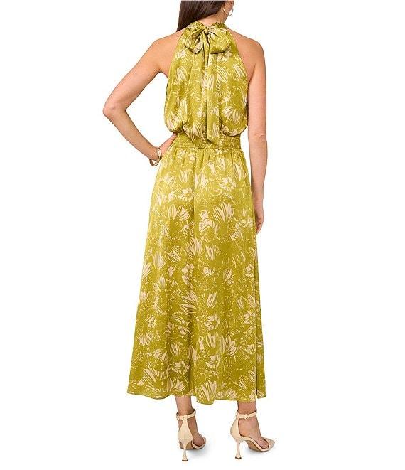 Vince Camuto Woven Abstract Floral Print Halter Sleeveless Smocked Waist Blouson Maxi Dress Product Image