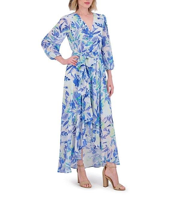 Eliza J Chiffon Floral Print V Neck Long Sleeve Waist Tie Belt A-Line Dress Product Image
