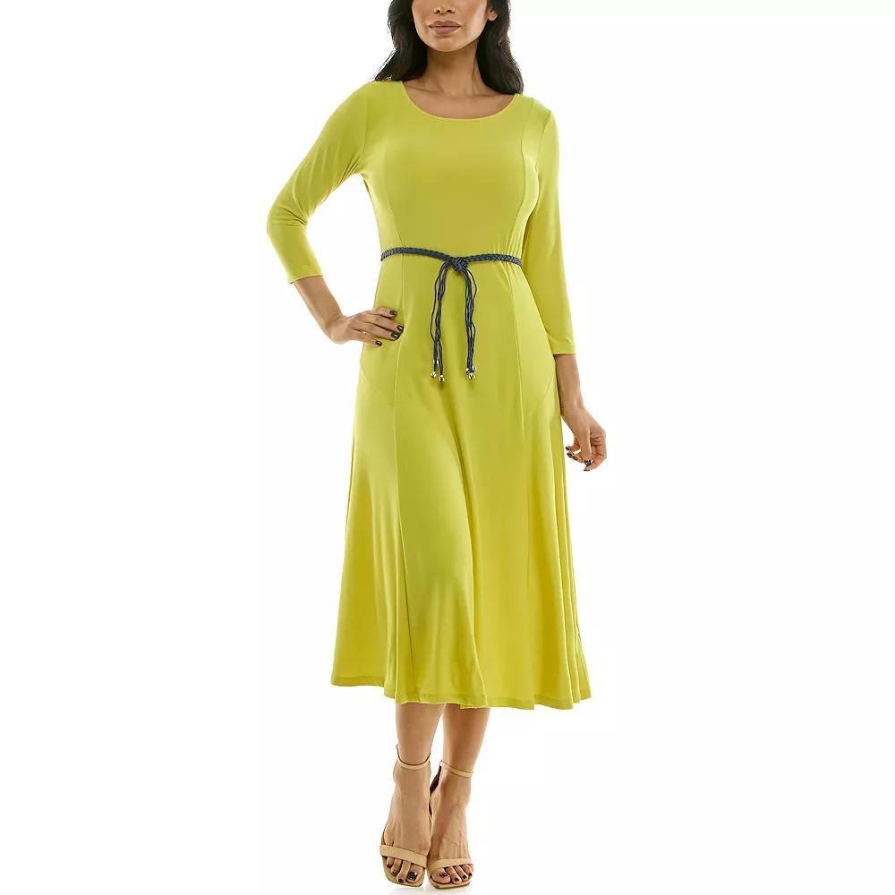 Women's Nina Leonard Sylvia Three-Quarter Sleeve Belted Midi Dress,  Product Image