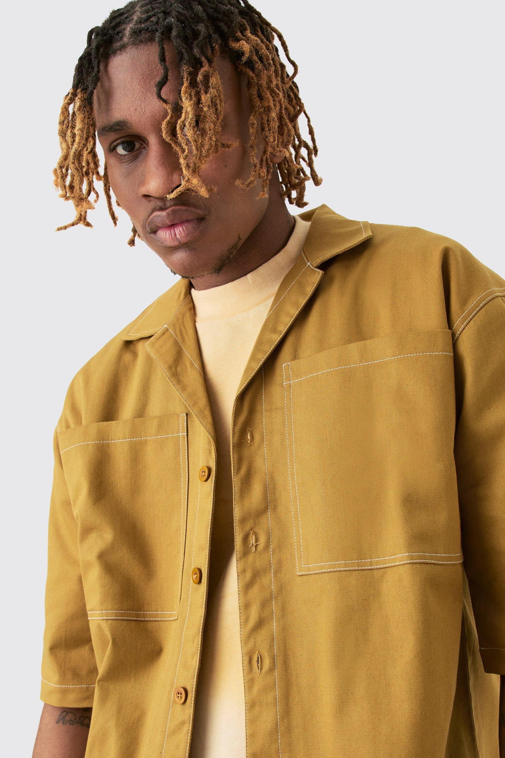 Tall Twill Drop Revere Contrast Stitch Shirt | boohooMAN USA Product Image