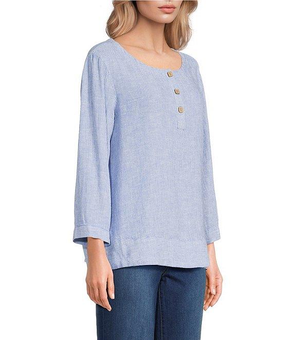 Ali Miles Woven Coordinating Yarn-Dye Stripe Round Neck 3/4 Cuffed Sleeve Button Front Placket Top Product Image