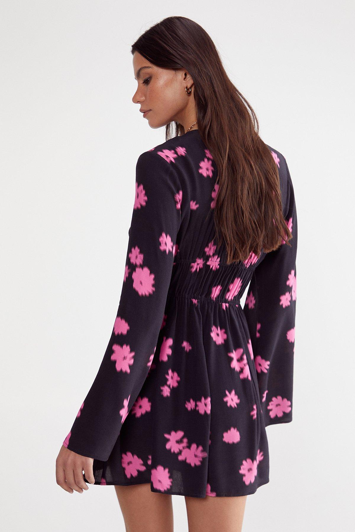 Ditsy Floral Ruched Tie Fluted Sleeve Mini Dress Product Image